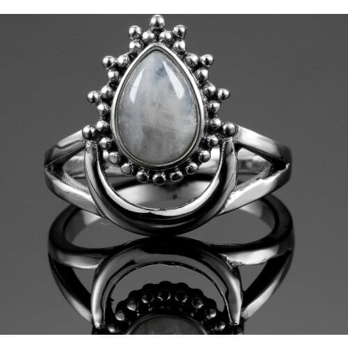 New Vintage 925 Silver Jewelry Finger Rings For Men Women 7x9MM Water Drop Natural Moonstones Weeding Anniversary Party Gifts