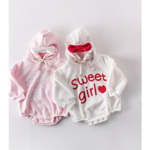 Winter Newborn Baby Girl Clothes Cotton Sweet Bow Letter Long Sleeve Hooded Thicken Sweater Romper Warm Infant Clothes 0-18M