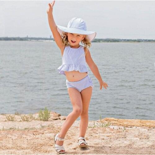 2019 Summer Cute Sweet Toddler Kid Baby Girls Tassel Blue Striped Bikini Set Fashion Swimwear Swimsuit Bathing Suit