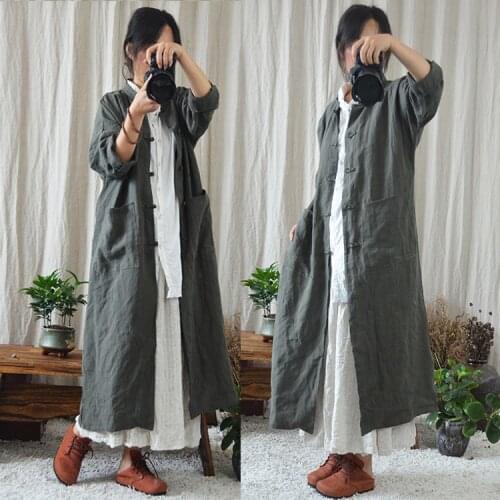 Hickening Literature Long Loose Coat Chinese Style Cardigan Windbreaker 190731