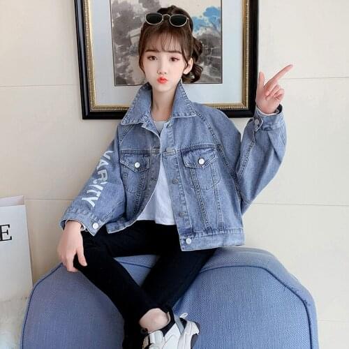 Fashion Kids Girls Coat Jeans Turn Down Collar Letter Print Denim Jackets Korean Spring Fall Children Outerwear Tops 8 12 14Year