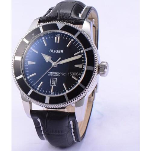 Bliger Black bezel black dial with nail Stainless steel case 46mm Automatic Mens Watch 1866