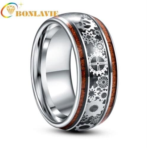 BONLAVIE 10mm Width Inlaid Wood and Gear Pattern Tungsten Carbide Ring Mens Fashion Wedding Jewelry Best Gift