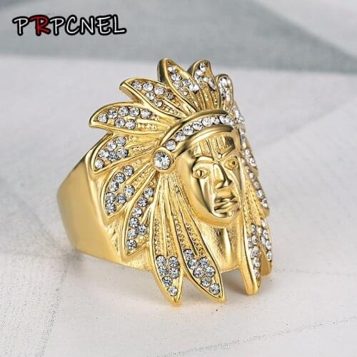 US Size 8-13 gold color Cool Indian People Ring 316L Stainless Steel with zircon Jewelry Band Party Men Ring