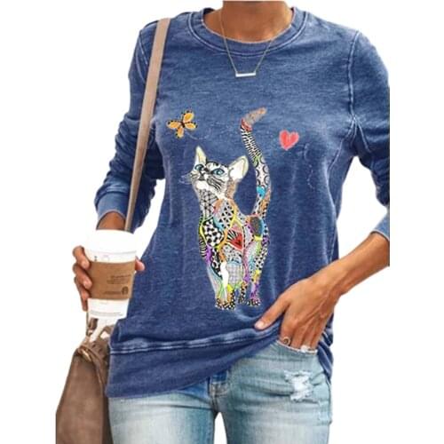 2020 Fashion New Cat Print Long Sleeve Tshirts Women Autumn Plus Size S-3XL Casual Cartoon T-shirt Lady Streetwear Shirts Femme
