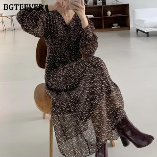 BGTEEVER Vintage V-neck A-line Women Dress 2021 Autumn Ladies Floral Midi Vestidos Elastic Waist Elegant Female Dresses