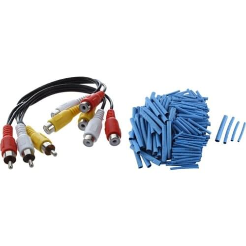Retail 200Pcs 4 Sizes Polyolefin Heat Shrink Tubing Cable Sleeve Blue & 1 Set 3 RCa Male Jack To 6 RCa Female Plug Splitter