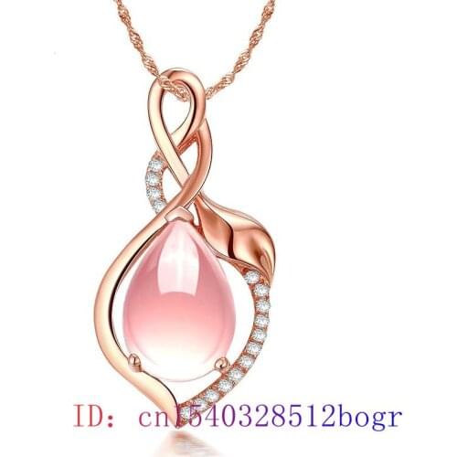 Pink Jade Water drop Pendant Zircon Crystal Necklace 925 Silver Amulet Jewelry Gemstone Gifts Chalcedony Fashion Natural Women