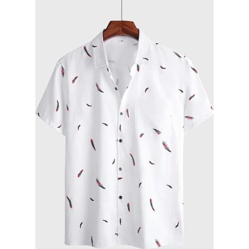 Summer Feather print Men Shirt Short Sleeve white Casual Beach Hawaiian shirts for men Streetwear Camisa para hombre Eu Size