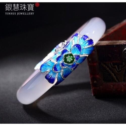 S925 Pure Silver Cloisonne Enamel Lotus White Pith Agate High-grade Bracelet Wholesale Ways