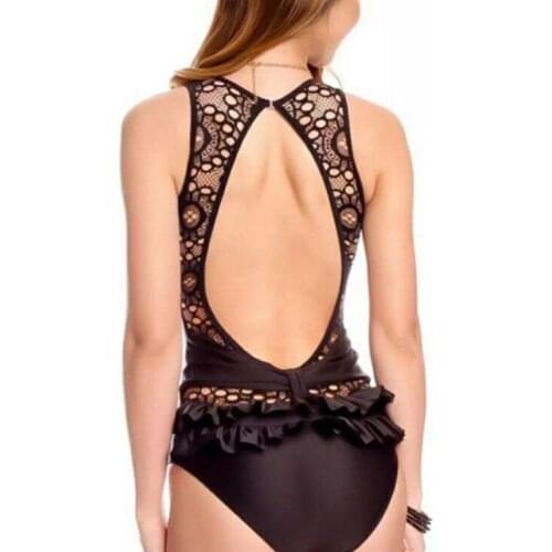 Sexy women lace monokini backless one piece swimwear ruffle black bathing suit push up swimsuit girl summer beach wear