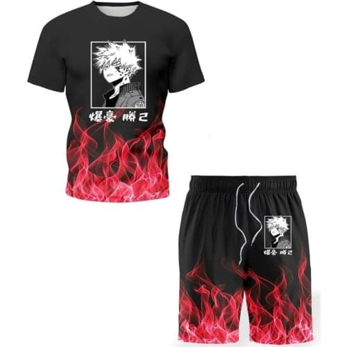 Tracksuit Bakugou Katsuki Bakugo Flame Cosplay Anime My Hero Academia Men T-shirt Shorts Two Piece Suit Oversized Casual Summer
