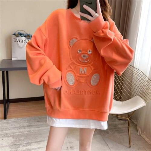 Oversized Sweatshirts Womens Loose O-neck Hoodies Harajuku Girls Cute Bear Tops Ladies Orange Beige Long Sleeve Pullovers