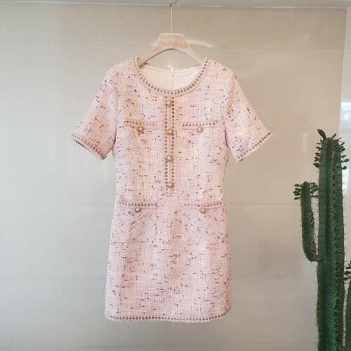 High Quality Brand Luxury Designer Women Chic Stylish Short Sleeve Buttons Tweed Straight Mini Dress