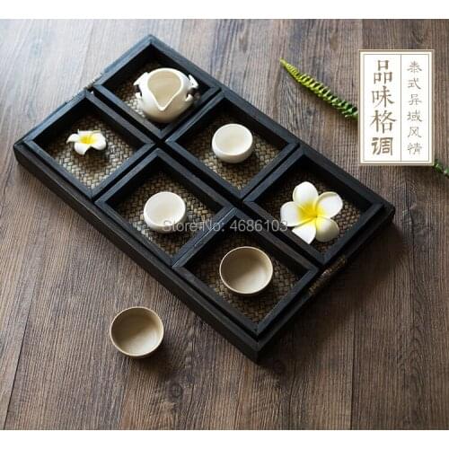 Japanese rectangular tray solid wood tea sets for household use in Thai Bamboo-Woven retro wooden dry-brewing tea