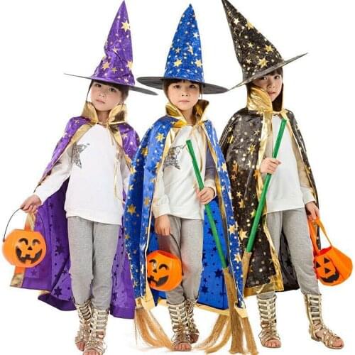 Children Halloween Costumes Wizard Witch Cloak Cape Robe with Pointy Hat Girls Boys Cosplay Props Kids Birthday Party Supplies