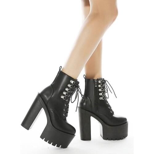 Thick High Heeled Female Patent Leather Ankle Boots Round Toe Lace-up Zipper Women Short Boots Gothic Women Shoes