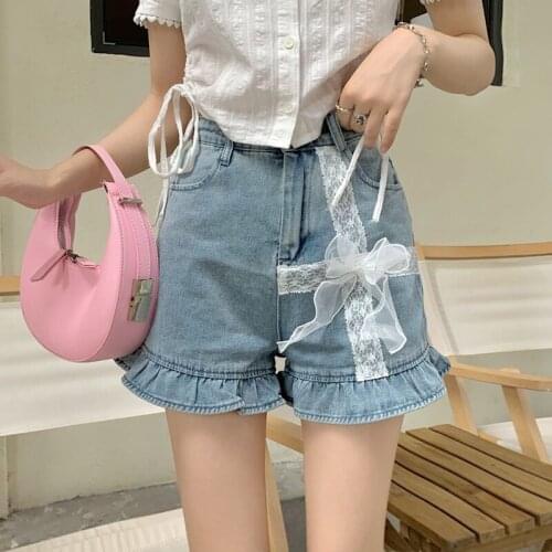 High Waisted Jean Shorts Womens Korean Fashion Kawaii Clothes Blue Denim Short Female 2021 Summer Trouser Party Lace Y2k Shorts