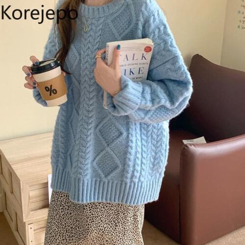 Korejepo Women Sweater 2021 Autumn and Winter New Korean Version Loose Knitted Twist Sweater Ladies Fouter Wear Female Long Tops