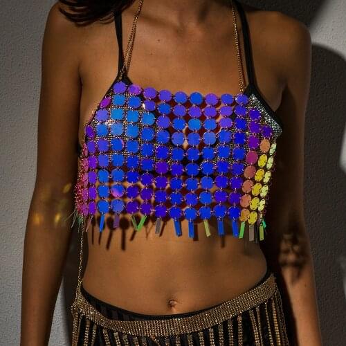 Handmade Hollow Out Sequined Vest Strap Sexy Summer Bikini Top Crops Bra Breast Chain Metal Alloy Beach Camis Sequins Body Chain