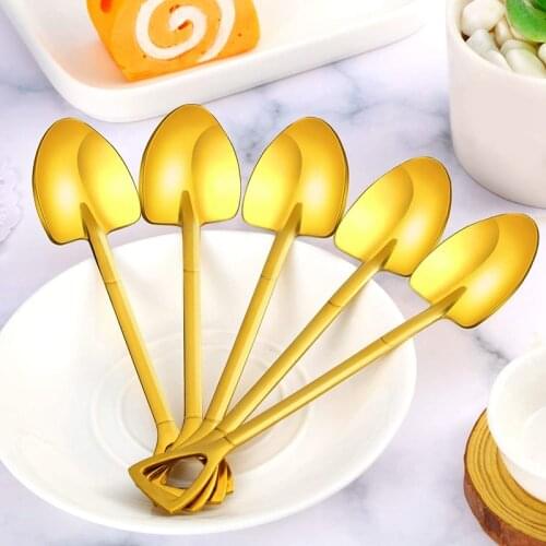 Gold Shovel Shape Spoons Stainless Steel Shovel Shape Coffee Ice Cream Dessert Spoons for Home and Party 8 Pieces