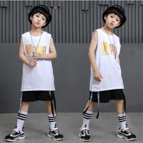 Kid White Ballroom Jazz Hip Hop Dance Competition Costumes Children Girl Boy Black Shirt Top Pants Party Stage Dancing Outfits