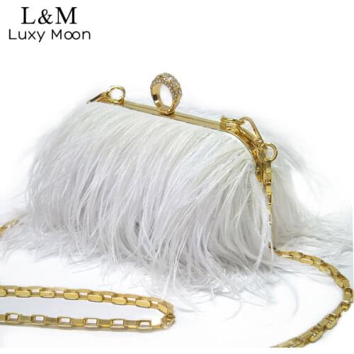Designer Ostrich Fur Feather Wallet Clutch Bag Women Clutch Diamond Knuckle Rings Dinner Evening Bag Chain Purses Party XA531H