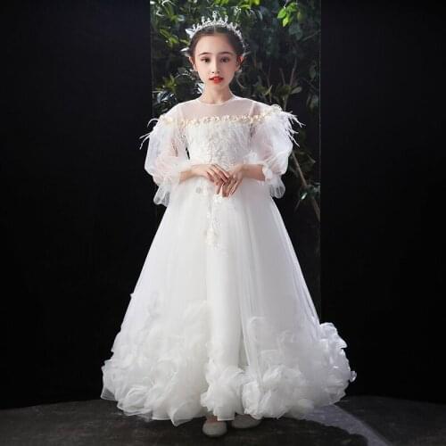 Flower Girl Dress Illusion Full Embroidery Crystal O-Neck Appliques Princess Floor-Length Tulle Lace White Kids Party Gown H265