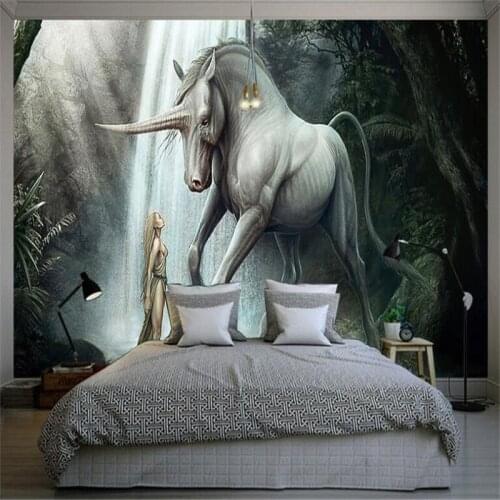 Beibehang Custom photo papel de parede mural wallpaper fantasy art realistic unicorn beauty oil painting wallpaper for walls 3 d