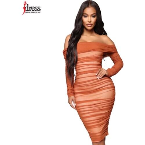 IDress Drop Shipping Sexy Party Night Club Autumn Dress 2020 Female Clothing Elegant Mesh Fold Evening Bodycon Long Sleeve Dress