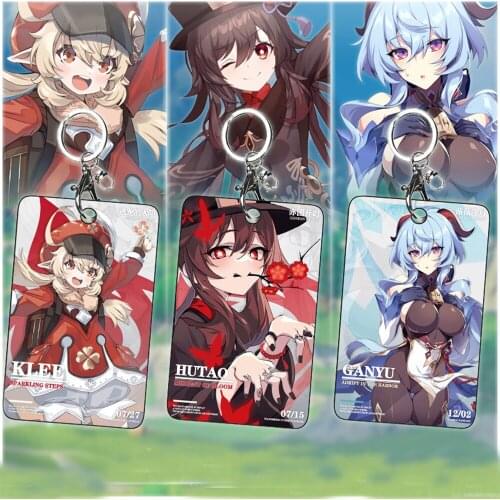 Game Genshin Impact Card Holder Cosplay Zhongli Hu Tao Ganyu Diluc Klee Keqing Cute Hard Key Chain Anime Accessories Gift Toys
