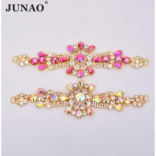 JUNAO 2 Color AB Crystal Connector Rhinestones Applique Head Neck Belt Decoration Chain Flower Glass Stones for Women Jewelry