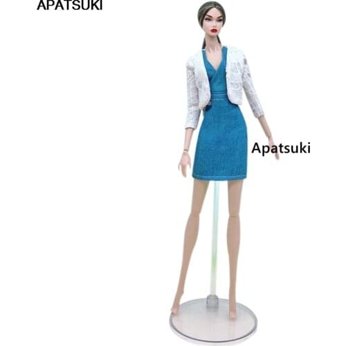 White Coat Blue Dress Fashion Doll Clothes Set For Barbie Doll Outfits Jacket & Dress 1/6 Dolls Accessories Toys For Children