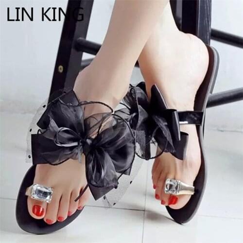 LIN KING Sweet Bowtie Lace Floral Women Flats Slippers Fashion Crystal Rhinestone Girls Slides Outdoor Beach Shoes Plus Size 42