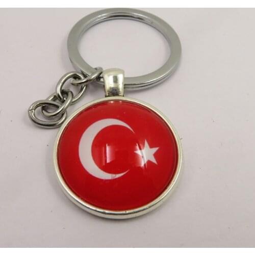 Fashion Turkey Keychain 25X25mm Turkey Flag Glass Beads Pendants Keyrings DIY Jewelry Car Key Chain Ring Holder Souvenir Gifts