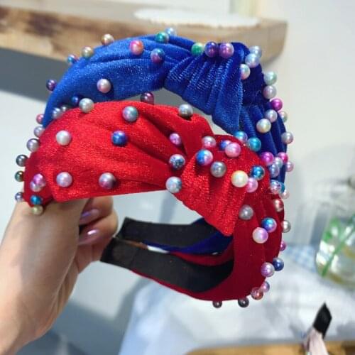 Fashion hair accessories women velvet solid color headband full of beads and knotted wide-brimmed headbands girl wild hair band