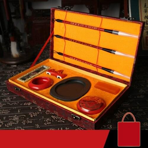 Advanced Chinese Calligraphy Writing and Painting Brush Set Multiple Hairs Brushes Pen Red Inkpad Seal The Scholars Four Jewels