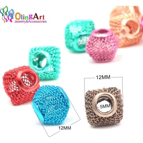 OlingArt 12*12MM 16pcs/lot Multicolor mixing Princess-cut Big Hole Mesh Spacer Beads Fits European Bracelet DIY Jewelry Making
