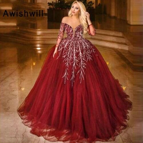 Luxury Burgundy Off The Shoulder Prom Formal Dress Ball Gown Beadings Tulle Saudi Arabic Dubai Long Sleeves Evening Dress