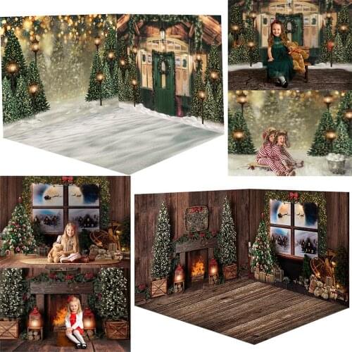 Christmas Rooms Fireplace Winter Snow Photo Background Green Wooden Door Photography Backdrop Kids Christmas Photo Backgrounds
