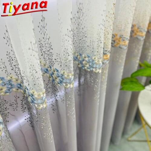 Yellow Flowers Embroidery Tulle Curtains for Living Room Gray/White Gradient Yarn/Gauze Balcony Kitchen Partition HM703#VT
