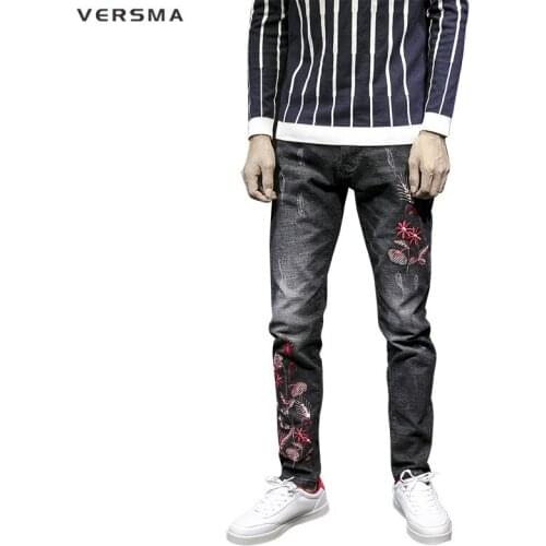 VERSMA Embroidery Stretch Skinny Motorcycle Biker Jeans Men Pants Trousers Slim Fit Denim Jogger Jeans Men Designer Pencil Pants