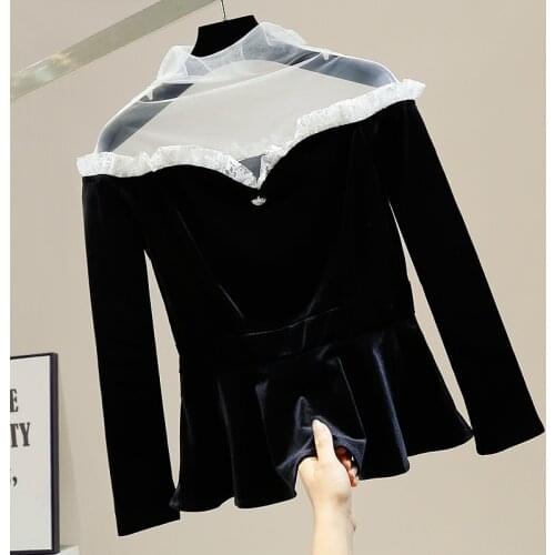 Vintage Graceful Mesh Lace Stitching Waist Gold Velvet Shirt Womens All-Match Top Long Sleeve Blouse Women Black Shirts Blusas