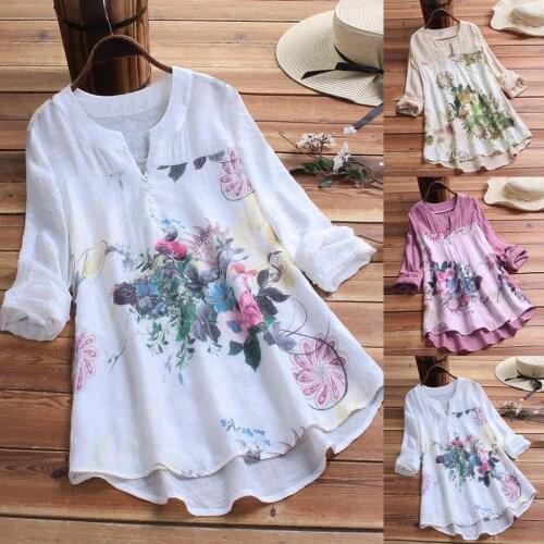 Richkeda Store New Plus Size White Floral Blouse Shirt Women Vintage O-neck Floral Printing Patch Long Sleeves Top Tee Shirt