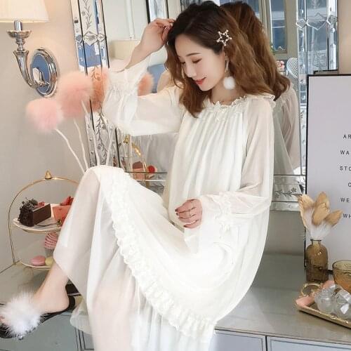 Fairy Nightdress Spring Autumn Long Dress Retro Princess Style Cotton Long Sleeve Lace Nightgown Sexy Sleepwear Female Nightwear