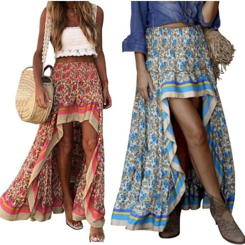 2 Pcs Boho Print Long Skirts Women Bottoms Elastic Waist Gypsy Ethnic Ladies Skirt XL Size, Red & Blue