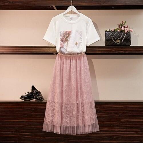 2020 Summer New Women Set Fashion Print Pattern Short Sleeve T Shirt Top + High Waist Elastic Mesh Skirt Suit 2 Pieces Sets