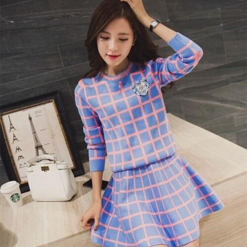 Spring Women Long Sleeve Knit Sweater Skirt 2 Peice Suits O Round Neck Grid Pullover Knitwear Top Short Bubble Dress 2 pcs Sets