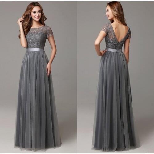 2021 Gray Bridesmaid Dresses Short Sleeves Sashes Lace Appliques Floral A-Line Wedding Party Guests Prom Celebrity Evening Gowns