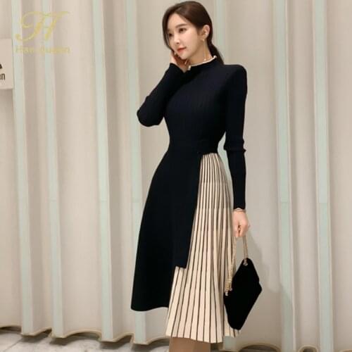 H Han Queen 2020 New Winter Elastic Knitted Dresses Women Color matching Lace-up Sweater Dress Fashion Slim Work Office Vestidos